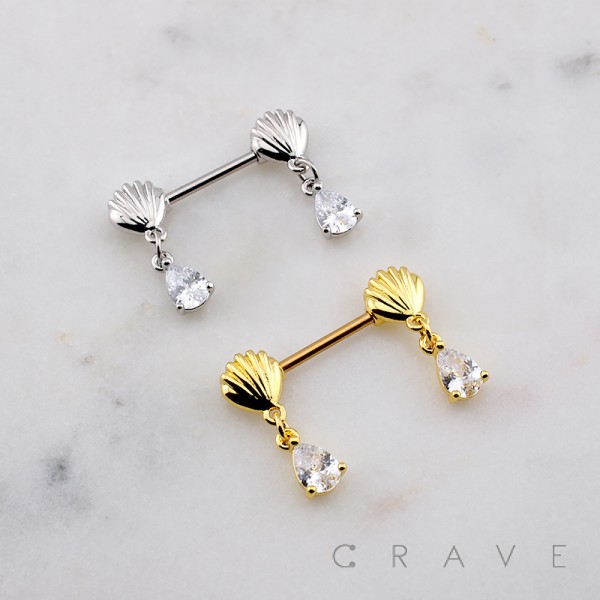 TEARDROP CZ DANGLE SEASHELL 316L SURGICAL STEEL NIPPLE RING